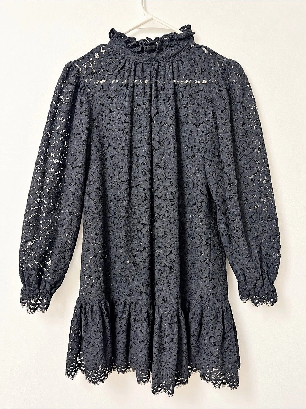 J.Crew Black Floral Lace Sheer Ruffle Mini Dress Long Sleeve XS